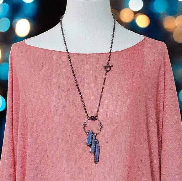 Boho Chic Kyanite & Amethyst Crescent Moon Star Pendant Vintage Necklace ๐โจ - Picture 3 of 12